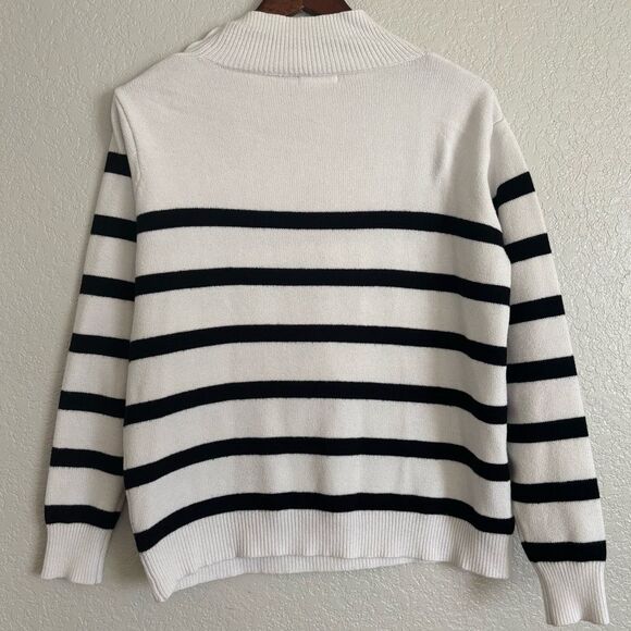 Buttoned High Mock Neck Striped Black and White Sweater Size Medium - Picture 2 of 7